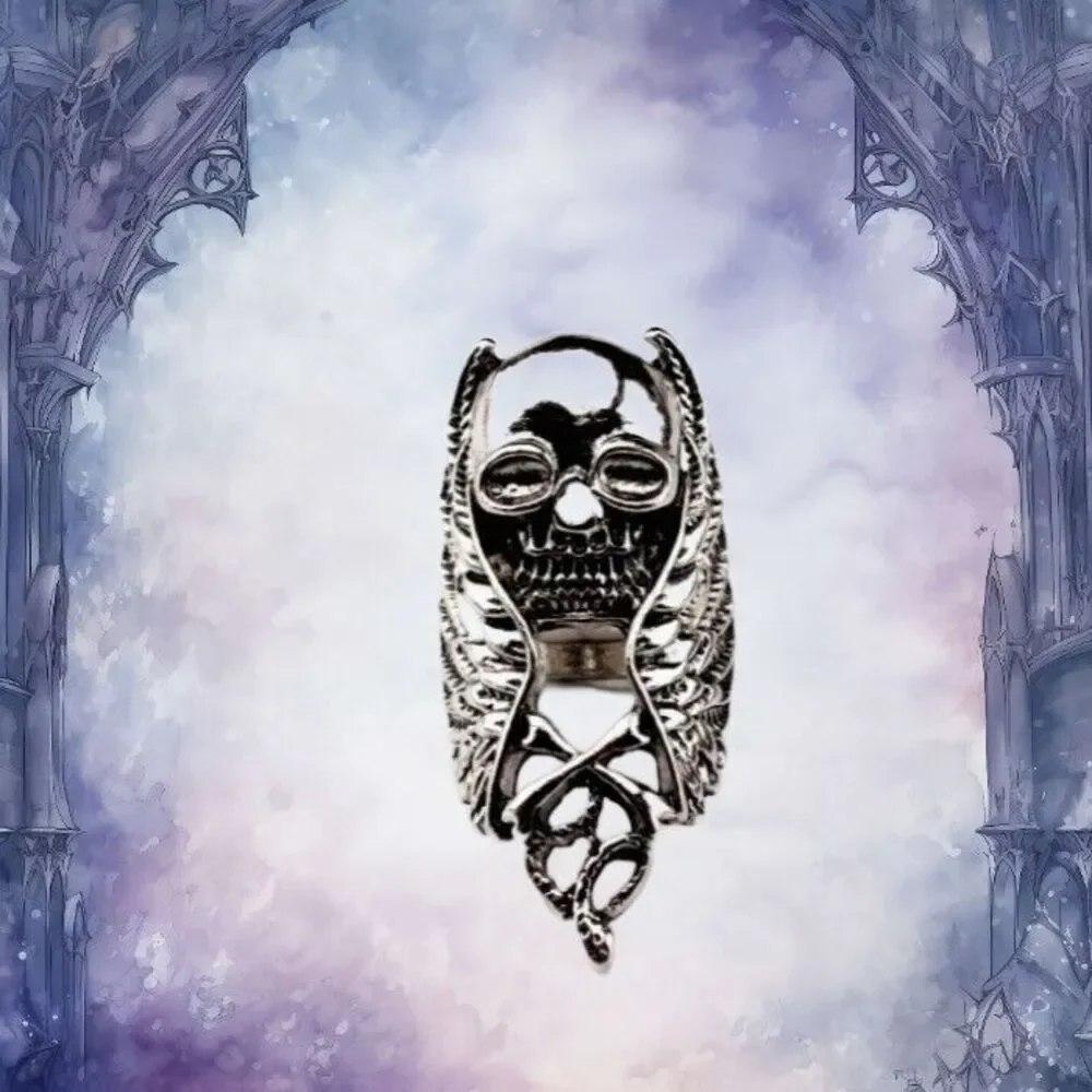 MENS Ring Antique Silver tone Skull Wings Snake Size 11 Rings